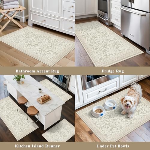 Kitchen Rug Sets 3 Piece, Washable Non-Slip Farmhouse Kitchen Mats for Hardwood Floor, Rustic Floral Boho Runner Rug for Sink,Entryway & Hallway & Bathroom (Beige/Floral,2x3-2x4-2x5)