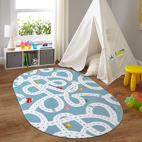 LIVEBOX Large Washable Kids Rug, 4'x6' Non-Slip Car Road Rug for Playroom, Fun Kids Room Rugs for Bedroom, Blue Road Carpet Indoor Kid Play Mat for Toy Toddler Room Classroom