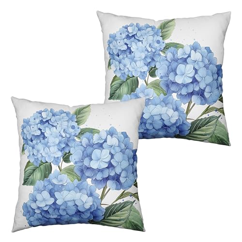 Blue Hydrangea Pillow Covers 18x18 Set of 2 Spring Summer Decorative Pillow Covers Flower Throw Pillow Case Square Cotton Linen Cushion Case for Outdoor Living Room Couch Sofa