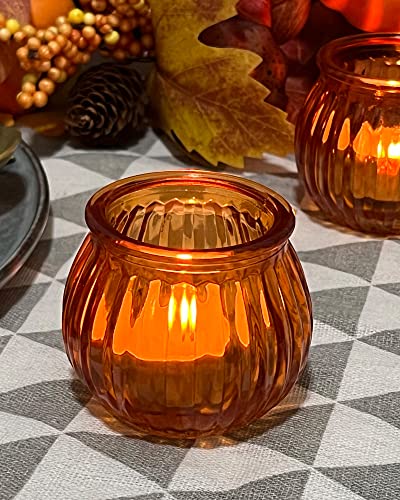 WDHODEC Fall Pumpkin Votive Candle Holders Set of 12, Orange Glass Tealight Candle Holder for Wedding Table Centerpiece Halloween Thanksgiving Decoratio