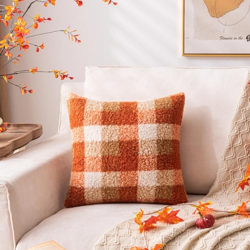 Plaid Fall Throw Pillow Covers Orange 22x22 Inch Set of 2