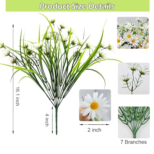 4 Bundles Artificial Silk Daisy Flowers Fake Daisies Plastics Plants Flower Faux Wildflowers Outdoor UV Resistant for Home Decor Indoor Outside Porch Patio Garden Planters Decoration (White)