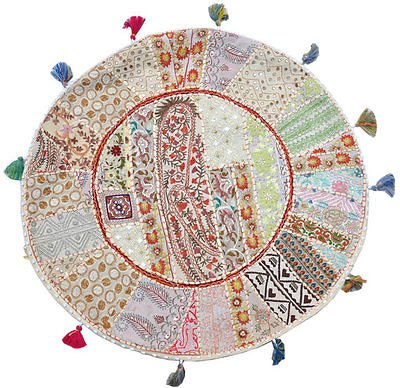 Beautifull Round Floor Pillow Cushion Bohemian Patchwork Pouf Ottoman Vintage Indian Foot Stool Bean Bag Floor Pillow Cover Home Decor, Living Room Ottoman, Bohemain Pillows 18 Inch (White)