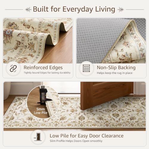 jinchan 2x5 Traditional Floral Runner Rug, Washable Rug, Oatmeal Rust