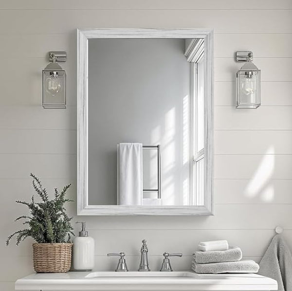 White Wood Effect Framed Wall Mirror, 24x32 Rectangle Mirror, Anti-desilvering Tempered Glass, Sustainable& Sturdy Frame, Farmhouse Mirror, Anti-Rust, 3min Fast Setup for Bathroom Living Room