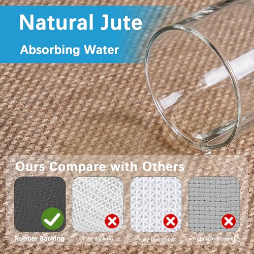 12ft Natural Jute Hallway Runner Rug Non Slip Washable, Rubber Backed Long Khaki Indoor Entryway Runner, Absorbent Kitchen Carpet Sink Rug