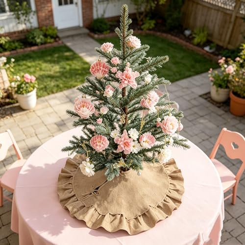 yuboo 24 Inch Burlap Tree Skirt, Small Tree Skirt for 2-3 Ft Tabletop Trees, Rustic Mini Christmas Tree Skirt with Ruffle Edge, Farmhouse Holiday Decor