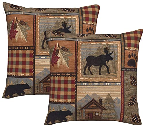 Set of 2 Square 18x18 inch Retro Brown Throw Pillow Covers Rustic Lodge Bear Moose Decorative Throw Pillowcase for Home Sofa Thick Cotton Linen Cushion Cases (45x45 cm) Paw Prints Cabin