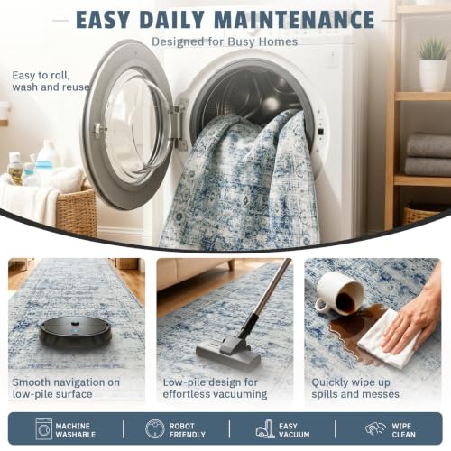 Vintage Rug Runners for Hallways Non Slip,Washable Runner Rug 2x10, Soft Long Distressed Non-Shedding Throw Carpet Runner Rug for Entryway Kitchen Laundry Living Room, Blue