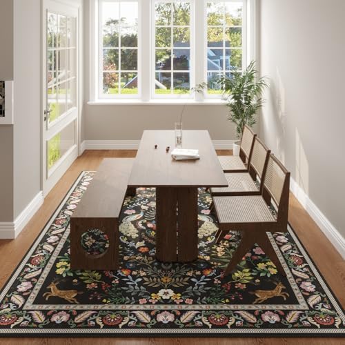 Rugcomf Area Rug 5x7 for Living Room Floral Washable, Vibrant Black