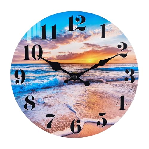Wall Clock Battery Operated Beach Coastal Theme Indoor Outdoor Waterproof Decor for Bathroom Bedroom Patio Pool Home (8 Inch,Blue)