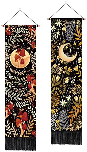 ARTCREATOR Pack of 2 Moon and Floral Tapestry Cottage Core Wall Hanging Decor, Butterfly and Flower Tapestries Vertical Bohemian Plant Wall Hanging for Bedroom Aesthetic Alt Room(12.8 x 51.2 inches)