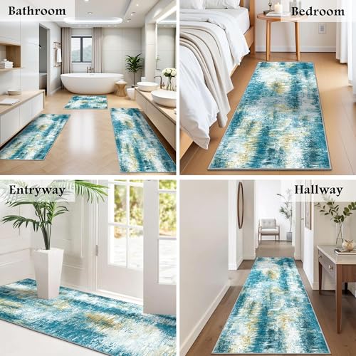 Upgrade Non Slip Kitchen Rugs Sets of 3 Washable Kitchen Mats for Floor Abstract Kitchen Runner Rug Ultra Soft Floor Mat Set Kitchen Carpet Rugs for Hallway, Laundry, Entryway, Office, Teal