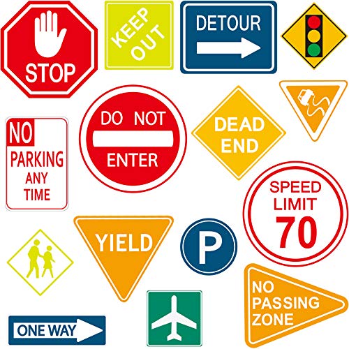 Zonon 15 Pieces Road Signs Wall Decal Traffic Street Sign Sticker Stop Street Transportation Construction Vinyl Car Wall Decals for Back to School Decor Kid Bedroom Classroom Bulletin Board Playroom