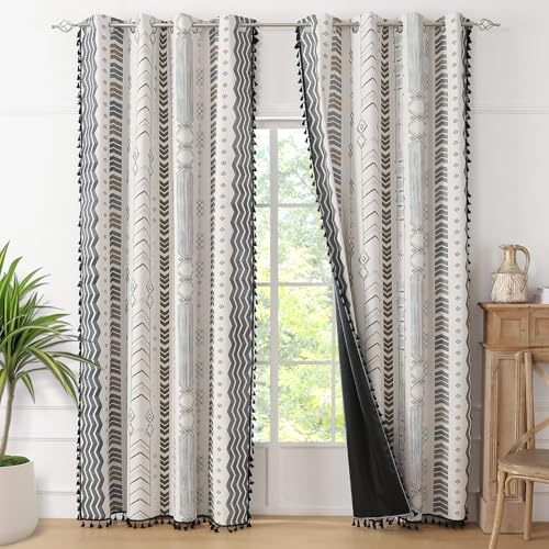 Colorbirtd 100% Blackout Boho Curtains Heat Sun Blocking for Bedroom Living Room 84 Inches Thermal Curtains for Summer Heat Sun Blocking Black and White Western Southwest Black Out Drapes Sliding Door