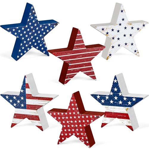 6 PCS 4th of July Wooden Signs, Red White Blue Star Patriotic Table Decor | Stable Base for Steady Standing, 4