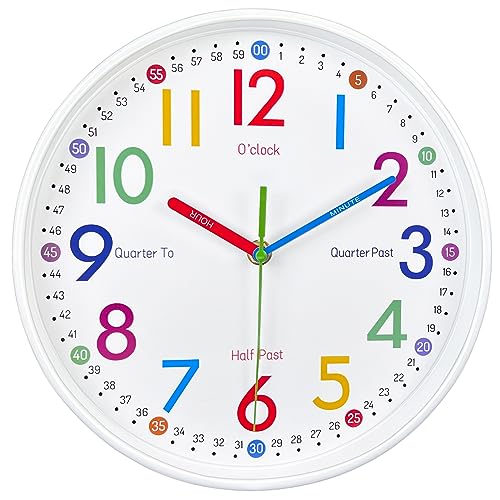 AIRUIFU Wall Clock for Kids Learning to Teaching Time Wall Clocks Battery Operated Silent Non Ticking - Analog Colorful Clock Decorative for Kids Room,Classroom,School,Nursery School,playroom(8 Inch)