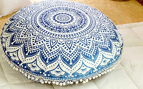 Popular Handicrafts Floor Pillow Cushion Cover - Hippie Mandala Cushion Cover Large Cotton - Pouf Cover Round Bohemian Yoga Decor, 32" Blue