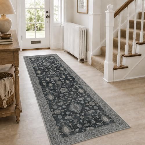 GENIMO Runner Rug for Hallways Machine Washable, 2x5 Non Slip Boho Vintage Lightweight Washable Runners, Thin Floor Rugs for Entryway Hallway Bathroom Laundry Room Corridor, Charcoal