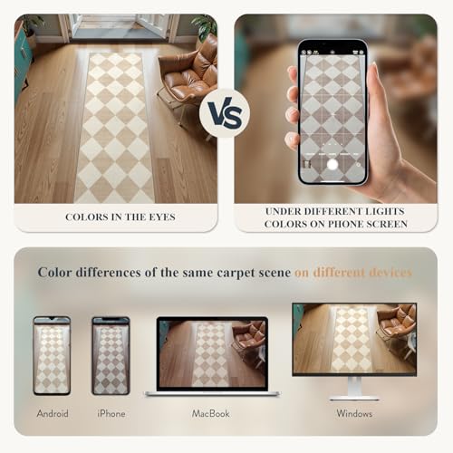 Checkered Print Carpet Runners for Hallway 6ft, Beige Ultra Thin Washable Kitchen Runner Rug Non Slip, Moroccan Plaid Checkerboard Decor Faux Wool 2x6 Rug for Bedroom Bathroom Entryway