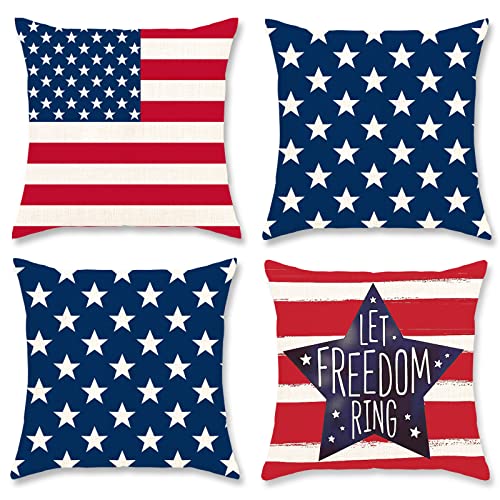 DUZXLCQ 4th of July Decorations Pillow Covers 18x18 inch Set of 4 Independence Day Patriotic Throw Pillow Case American Flag Stars and Stripes Cushion Case for Sofa Couch Bed Home Outdoor