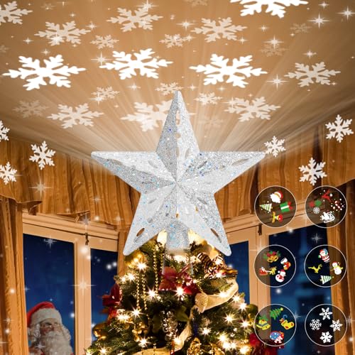 Christmas Tree Topper Lighted with 6 Projection Modes,Christmas Star Tree Topper Built-in LED Rotating Projector Lights 3D Sparkling Christmas Tree Decorations for Xmas Party Holiday Decor(Silver)