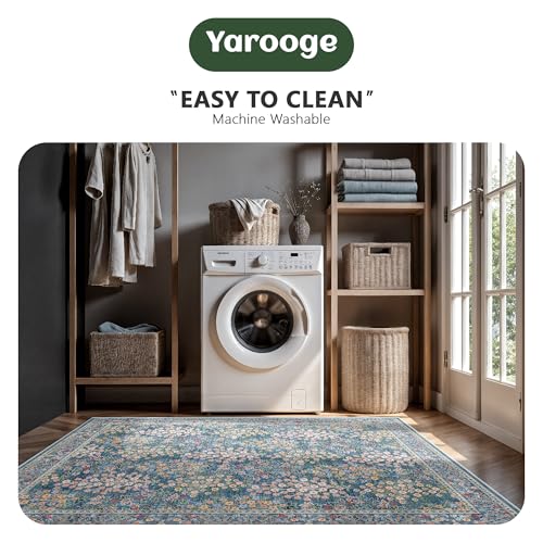 9x12 Large Area Rugs, Machine Washable Low Pile Floral Rugs for Living Room, Bedroom, Boho Style with Non-Slip Backing Nursery Rug(Blue Floral)