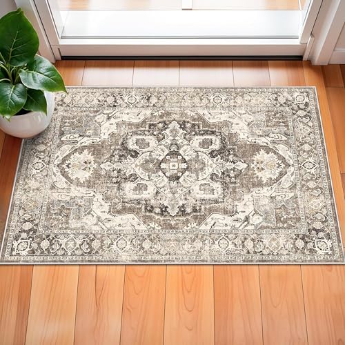 YOUFORTONG Washable 2x3 Entryway Rug: Non Slip Vintage Door Mat Indoor with Rubber Backing for Living Room Bedroom Bathroom Non Shedding Farmhouse Carpet Runner (Beige/Brown/Grey, 2X3)