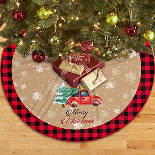 Christmas Tree Skirt, 48 Inch Red Truck Xmas Tree Skirt with Red Black Buffalo Plaid Edge, Rustic Vintage Farmhouse Christmas Decoration Ornaments for Merry Christmas Holiday Party