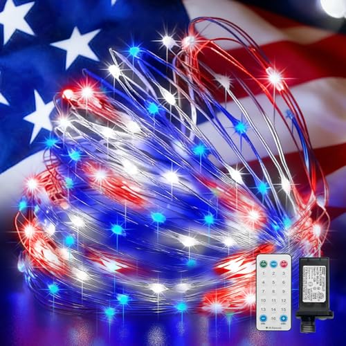 LAMPHOME Red White Blue Patriotic Fairy Lights Plug in, 33Ft 100 LEDs Waterproof Twinkle Firefly Lights, Adaptor Included Starry String Light for Independence Day Patriotic Holidays Decoration