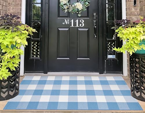 Light Blue and White Outdoor Rug 2'X4.3' Buffalo Plaid Checked Front Porch Rug Cotton Woven Washable Rug Layering Doormat for Welcome Door Mat Entryway Dining Room Bedroom Living Room