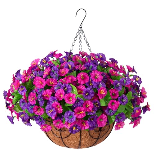 Ammyoo Artificial Fake Hanging Flowers with Basket, Faux Silk Morning Glory Flower Arrangement for Spring Summer Decor, Hanging Plant for Patio Garden Porch Outdoor Decor