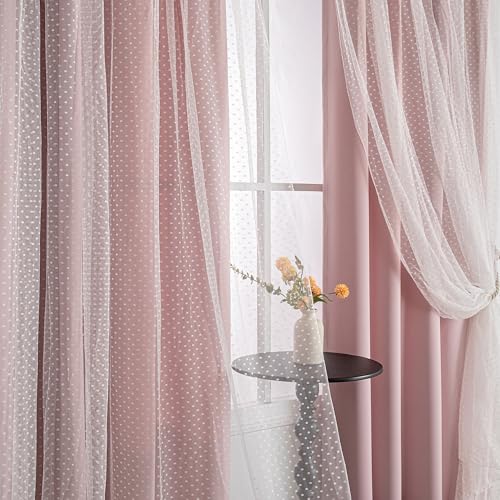 MYSKY HOME Pink Blackout Curtains for Girls Bedroom & Nursery Kids Blush Princess Double Layer Drapes, Polka Dots Sheer, Grommet Tops, 52x84 Inch, 2 Panels