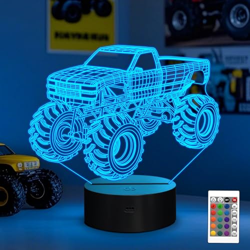 3D Night Lights for Children, Kids Night Lamp, Monster Trucks for Boys, 16 LED Colors Changing Lighting, Car S