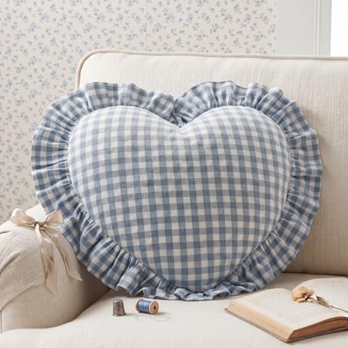 Xuhal Ruffle Gingham Pillow Heart Shaped Pillow 20.5" x 18.5" Dusty Blue Plaid Ruffle Decorative Cushion, 100% Cotton Farmhouse Decor Scalloped Cushion for Vintage Bedroom, Living Room, Sofa & Bed