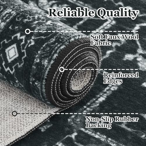 Vintage Dark Area Rugs 5x8, Non Slip Washable Rug for Living Room Bedroom, Medallion Distressed Printed Low Pile Thin Carpet Rugs for Dining Room/Kitchen/Home Office, Black and White