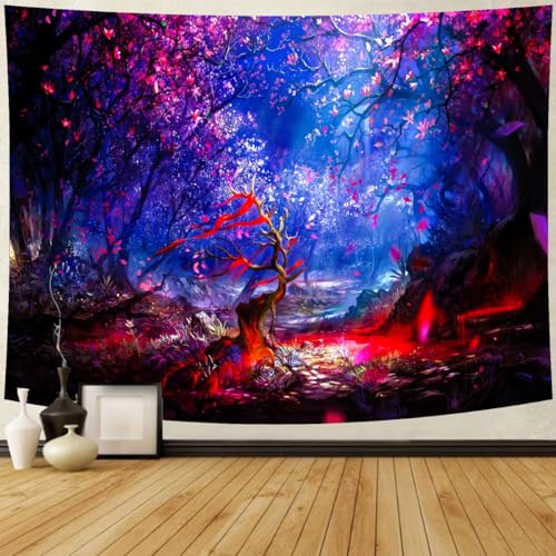 Delur Fantasy Forest Tapestry Enchanted Magical Fairy Tale Tree of Life Wall Hanging Tapestry Mystical Psychedelic Landscape Nature Headboard for Bedroom Living Room Home Decor (51.2" x 59.1")