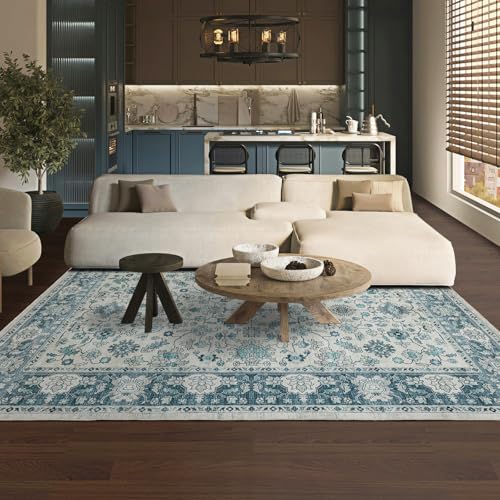 Area Rug 5×7, Large Vintage Boho Rug,Ultra-Soft Low Pile, Washable, Non Slip,Stain Resistant, Printed Carpet for Living Room Bedrooms Playroom Office Kitchen,Turquise/Cream