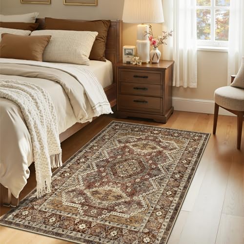 Rugland 3x5 Area Rug Non Slip Rug, Vintage Washable Entryway Rug, Rust