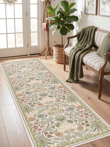 2x6 Non-Slip Runner Rug for Kitchen: Machine Washable Floral Boho Carpet Runners for Bathroom Botanical Indoor Mats for Bedroom Hallway Entryway Laundry - 6ft Low Pile Soft Rugs 2x6 Beige