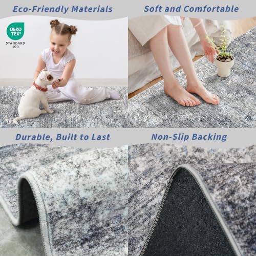 Washable Area Rug 9x12 Living Room – Neutral Modern Abstract Large Carpet for Bedroom Dining Room Office – Soft Non-Slip Low-Pile Thin Stain-Resistant Indoor Rugs (Blue Grey,9x12)