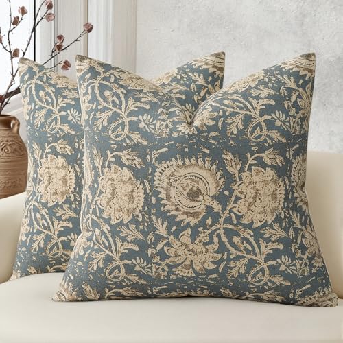 Vintage Floral Print Throw Pillow Covers 18x18 Set of 2 Neutral Modern Farmhouse Pillowcase Accent Decorative Cushion Covers Boho Home Decor for Couch Sofa Chair Bed Living Room, Dusty Blue