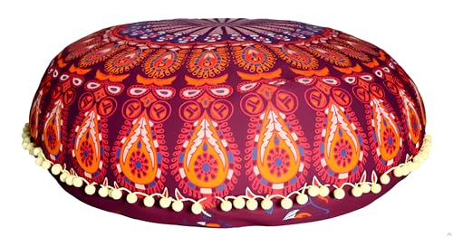 CRAFT KALA 32 Inch Meditation Floor Pillows Cover Round Pillow Cover Seating Hippie Decorative Bohemian Mandala Floor Cushion Cover Outdoor Yoga Living Room Throw Ottoman Poufs Cover (Maroon Mirchi)