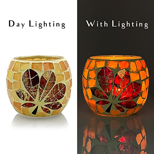 SHMILMH Fall Votive Candle Holder Set of 4, Mosaic Glass tealight Holders with Maple Leave for Halloween Thanksgiving Party Decorations