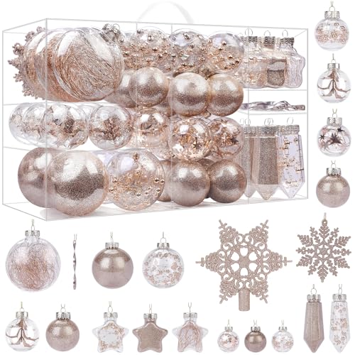 SHareconn 86PCS Christmas Tree Ornaments Clear Set,Shatterproof and Clear Plastic Baubles for Xmas Tree Decor, Holiday Wedding Party Decoration,Champagne