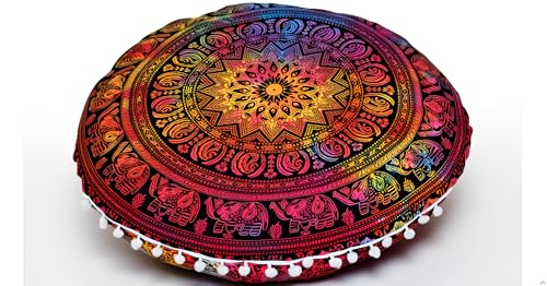 CRAFT KALA 32" Large Round Bohemian Floor Pillow Cover Boho Pouf Cover Mandala Meditation Room Pillows Cover Adults Seating Poufs Cushion Cover for Kids Reading Playroom Multi Elephant