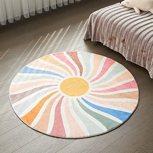 Topotdor Sun Rainbow Round Rug,Colorful Boho Kids Rug Ultra Soft Washable Nursery Rug for Bedroom Perschool Classroom,47" Round