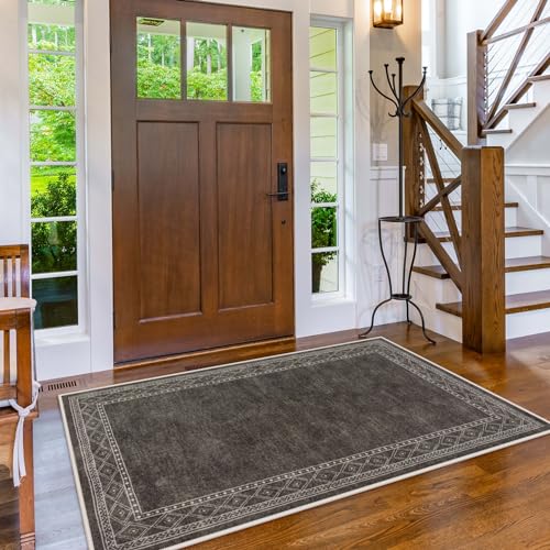 Lahome Modern Bordered Machine Washable Rug, Ultra-Thin Soft 3x5 Rugs for Entryway Bedroom, Non-Slip Stain Resistant Small Carpet for Laundry Entry(3'x 5',Brown