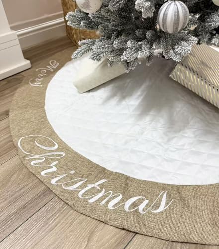 48 Inch Christmas Tree Skirt White Thick Luxury Quilted Cotton with Burlap Decoration for Merry Christmas Party Christmas Tree Skirt Decorations