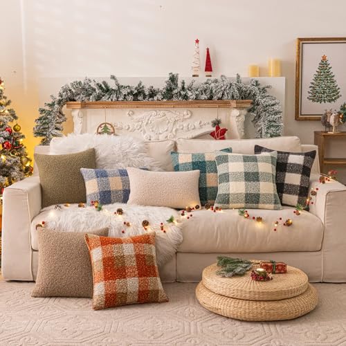 Green White Plaid Christmas Throw Pillow Covers 18x18 Inch Set of 2